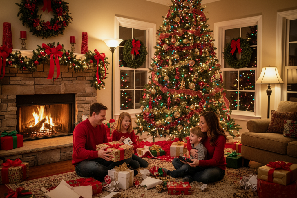 christmas theme without any snow inside beautiful decorated and parents and kids unbox gifts